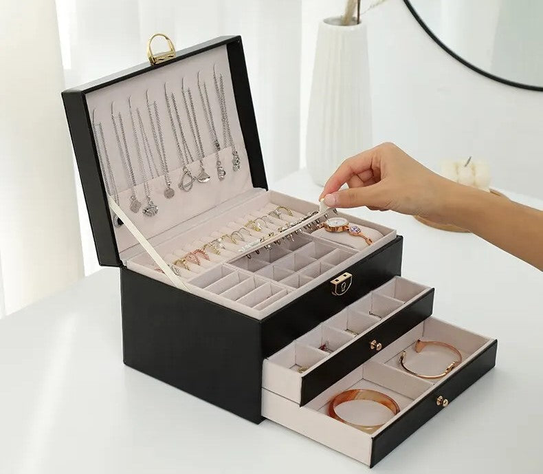 Stackable Jewelry Organizer Box Black 9×7×5 Inch Multi-Compartment Ring Necklace Earring Holder for Dresser Bedroom Vanity Tabletop Storage