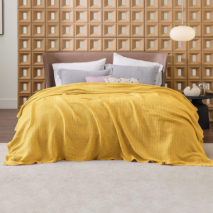Cotton Throw Blanket for Bed, Waffle Weave Queen Size Blanket for All Seasons, Soft Breathable Cotton Blanket for Couch