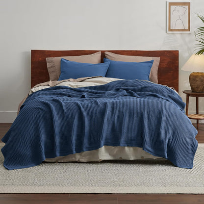 100% Cotton Waffle Weave Throw Blanket Queen King Breathable Lightweight Bed Cover for All Seasons Couch Sofa Bedroom Layering Textured