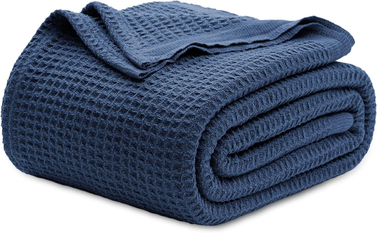 Cotton Throw Blanket for Bed, Waffle Weave Queen Size Blanket for All Seasons, Soft Breathable Cotton Blanket for Couch