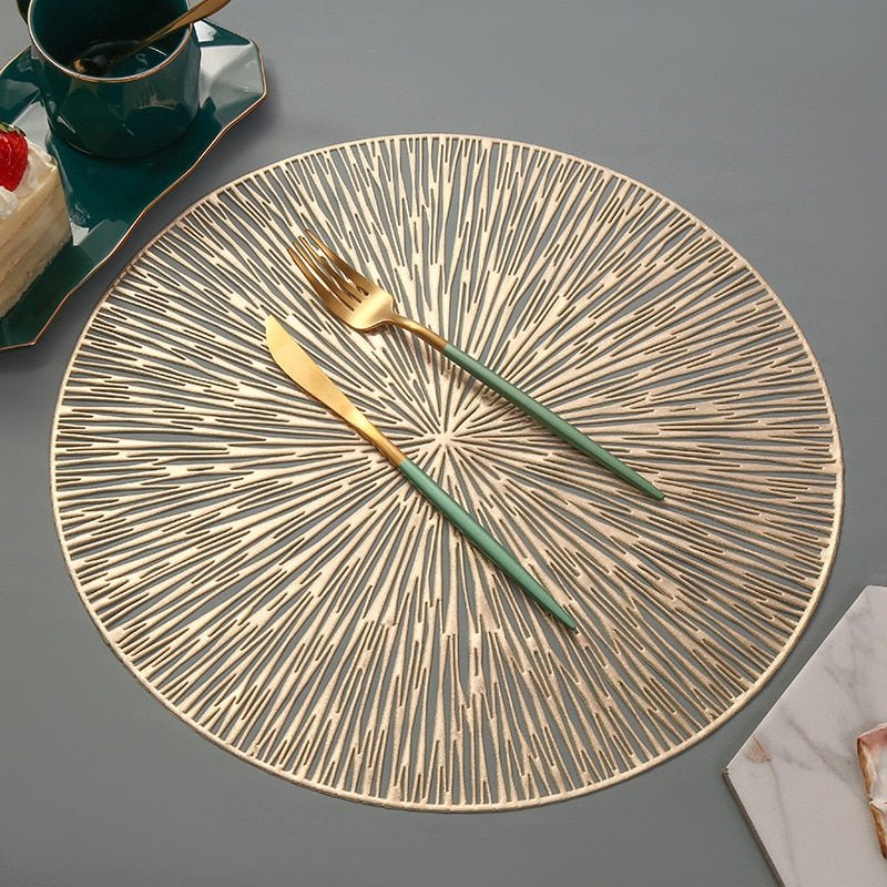 Round Table Mat 15 Inch Space-Inspired Decorative Dining Placemat Non-Slip PVC Heat-Resistant for Kitchen Home Cosmic Pattern Openwork Desig