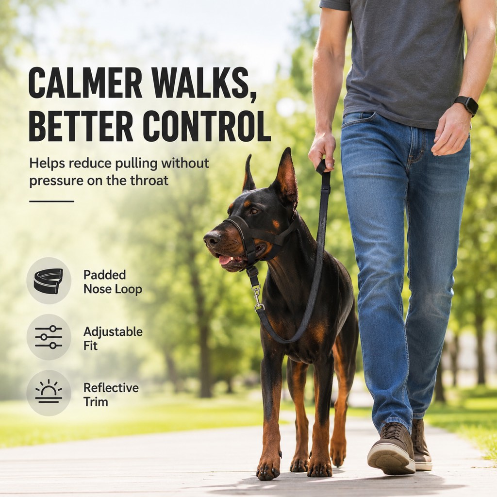 Ortekor No-Pull Dog Head Halter for Daily Walks - Adjustable Padded Training Muzzle to Help Reduce Pulling