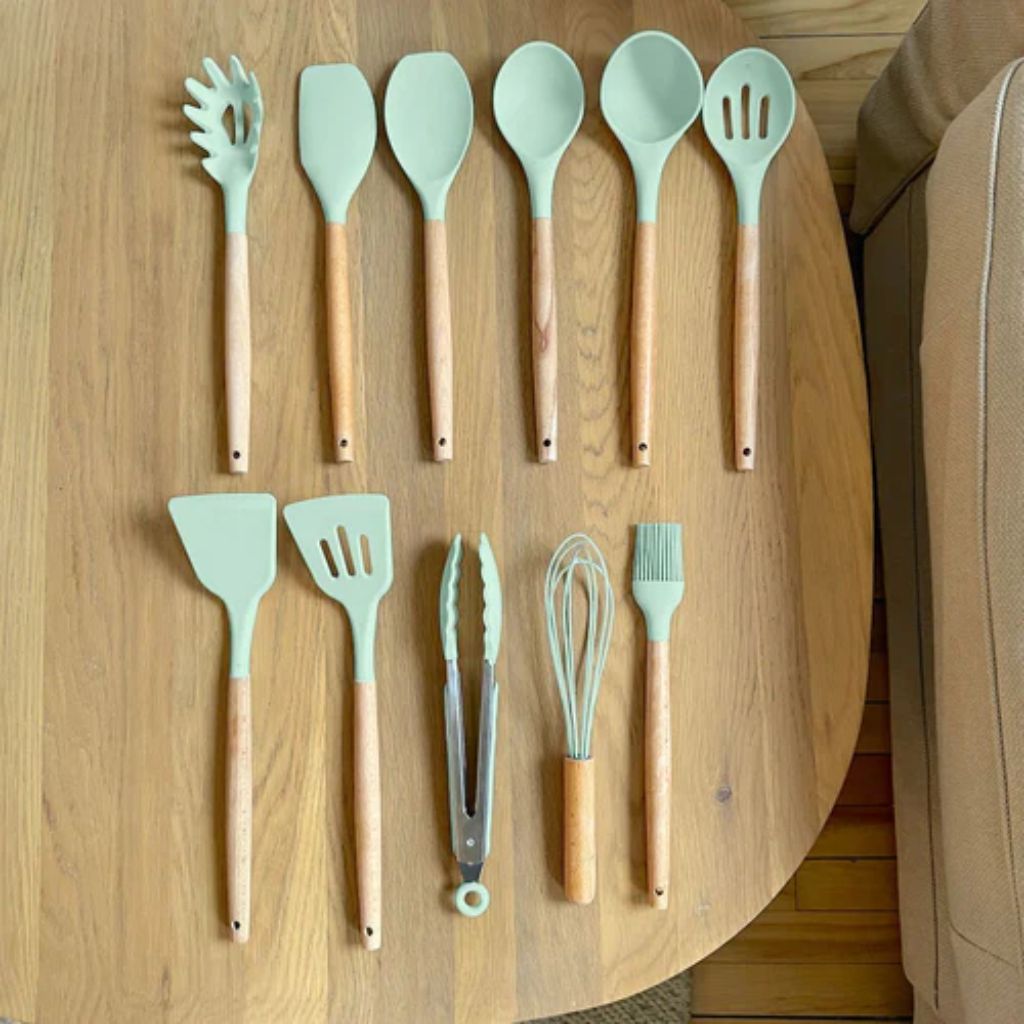 11-Piece Silicone Kitchen Utensil Set with Natural Wood Handles – Heat-Safe to 450°F, Dishwasher Safe, Non-Stick Friendly Tool Kit for