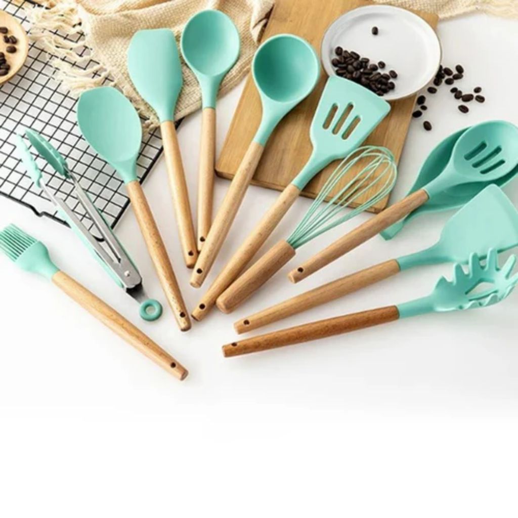 11-Piece Silicone Kitchen Utensil Set with Natural Wood Handles – Heat-Safe to 450°F, Dishwasher Safe, Non-Stick Friendly Tool Kit for