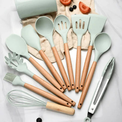 11-Piece Silicone Kitchen Utensil Set with Natural Wood Handles – Heat-Safe to 450°F, Dishwasher Safe, Non-Stick Friendly Tool Kit for