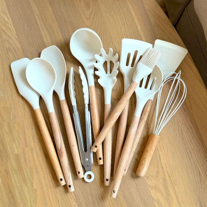 11-Piece Silicone Kitchen Utensil Set with Natural Wood Handles – Heat-Safe to 450°F, Dishwasher Safe, Non-Stick Friendly Tool Kit for