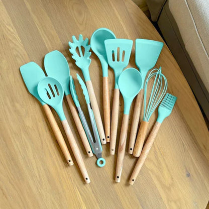 11-Piece Silicone Kitchen Utensil Set with Natural Wood Handles – Heat-Safe to 450°F, Dishwasher Safe, Non-Stick Friendly Tool Kit for