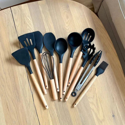 11-Piece Silicone Kitchen Utensil Set with Natural Wood Handles – Heat-Safe to 450°F, Dishwasher Safe, Non-Stick Friendly Tool Kit for