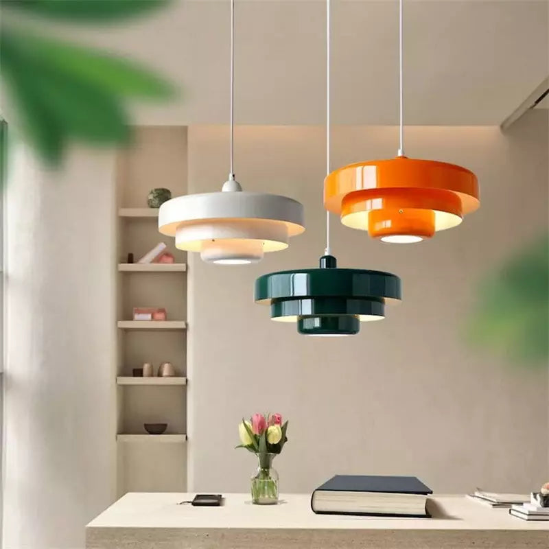Layered Metal Ceiling Fixture 14-Inch Diameter Adjustable Cord Iron Shade for Kitchen Island Dining Table Home Office Retro Geometric Overhe