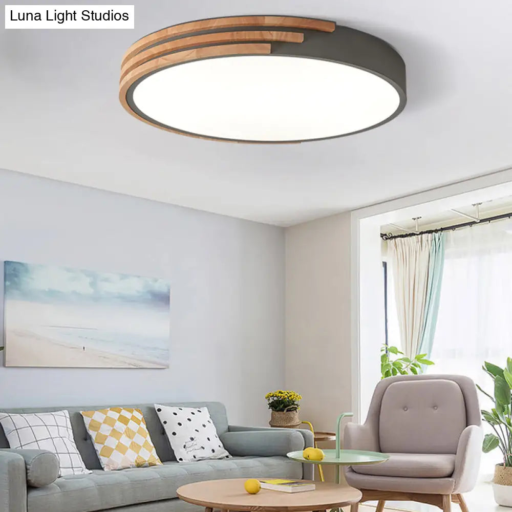 Circular Wood Ceiling Light Flush Mount 16 Inch | Low Profile Modern LED Fixture for Bedroom Living Room Dining Room | Slim 2 Inch Depth