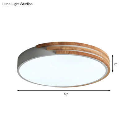 Circular Wood Ceiling Light Flush Mount 16 Inch | Low Profile Modern LED Fixture for Bedroom Living Room Dining Room | Slim 2 Inch Depth