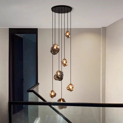Modern Multi-Light Stairwell Chandelier with Remote – Dimmable LED Cluster Pendant for High Ceilings – Glass Globe Hanging Light