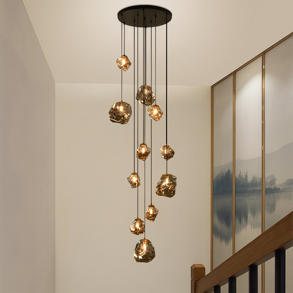 Modern Multi-Light Stairwell Chandelier with Remote – Dimmable LED Cluster Pendant for High Ceilings – Glass Globe Hanging Light