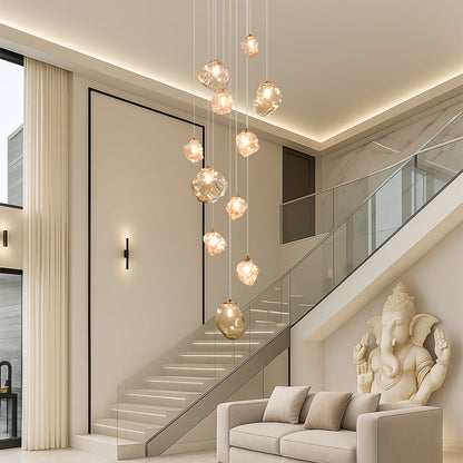Modern Multi-Light Stairwell Chandelier with Remote – Dimmable LED Cluster Pendant for High Ceilings – Glass Globe Hanging Light