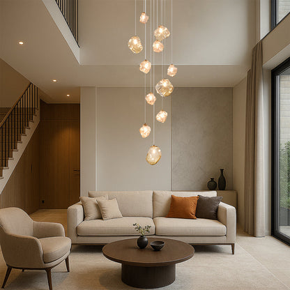 Modern Multi-Light Stairwell Chandelier with Remote – Dimmable LED Cluster Pendant for High Ceilings – Glass Globe Hanging Light