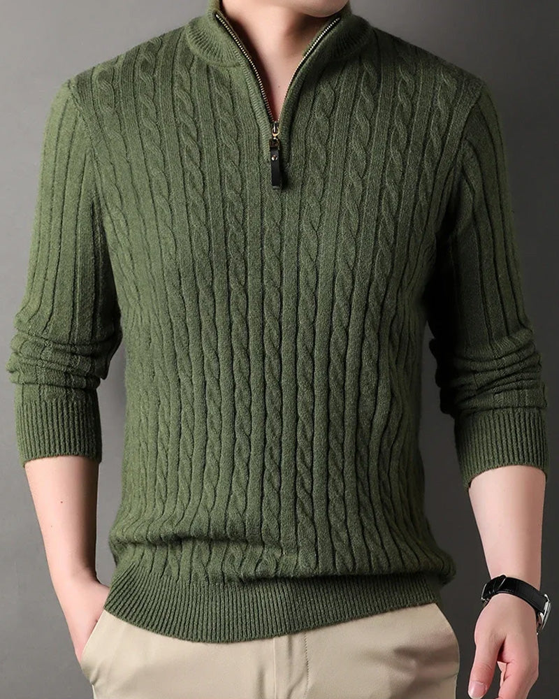 Men's Cable Knit Half-Zip Pullover Sweater – Classic Fit Ribbed Collar Knitwear for Casual & Smart Occasions