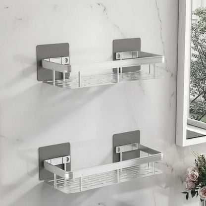 Adhesive Bathroom Corner Shelf - No Drill Wall Organizer with Strong Hold for Shampoo, Soap & Toiletries - ABS & Stainless Steel