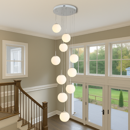 Cascading Glass Globe Chandelier with Adjustable Height LED Stairwell Lighting for Entryways & High Ceilings