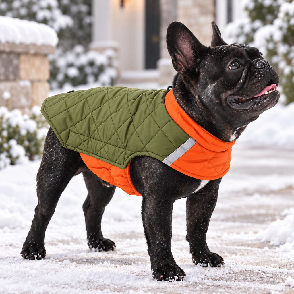 Ortekor Reversible Quilted Dog Winter Coat for Cold Walks - Water-Resistant Reflective 2-in-1 Jacket with Easy Belly Fit