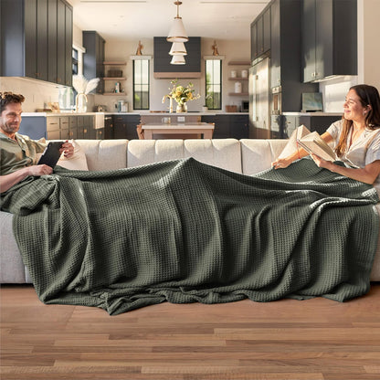Pure Cotton Thermal Blanket – Queen 90×90 in – Textured Weave Layer for All Seasons – Lightweight & Breathable Throw for Bed or Sofa