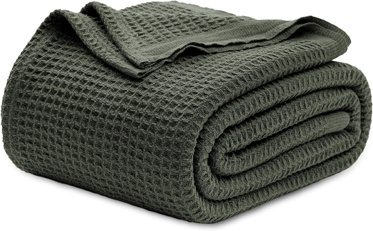 Cotton Throw Blanket for Bed, Waffle Weave Queen Size Blanket for All Seasons, Soft Breathable Cotton Blanket for Couch