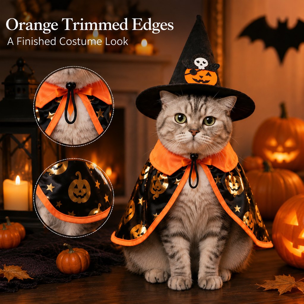 Ortekor Halloween Cat Witch Hat & Cape Costume Set for Party Photos - Easy Festive Look for Cats