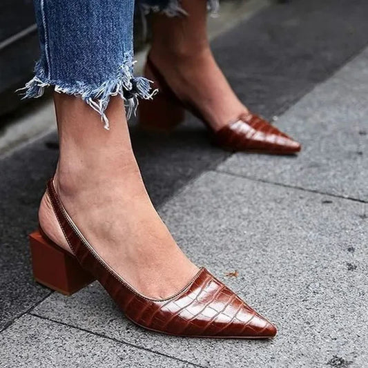 Women's Pointed-Toe Slingback Heels with Arch Support Brown Croc-Embossed Footwear for Office Work Professional Occasions All-Day Wear