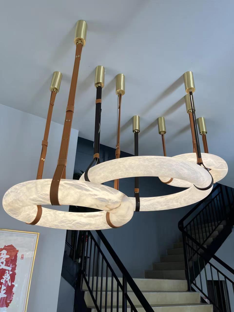 LED Ring Ceiling Fixture in Alabaster Stone – Adjustable Halo Chandelier for Open Dining Areas, Great Rooms & Hospitality – 47 in Circle Sus