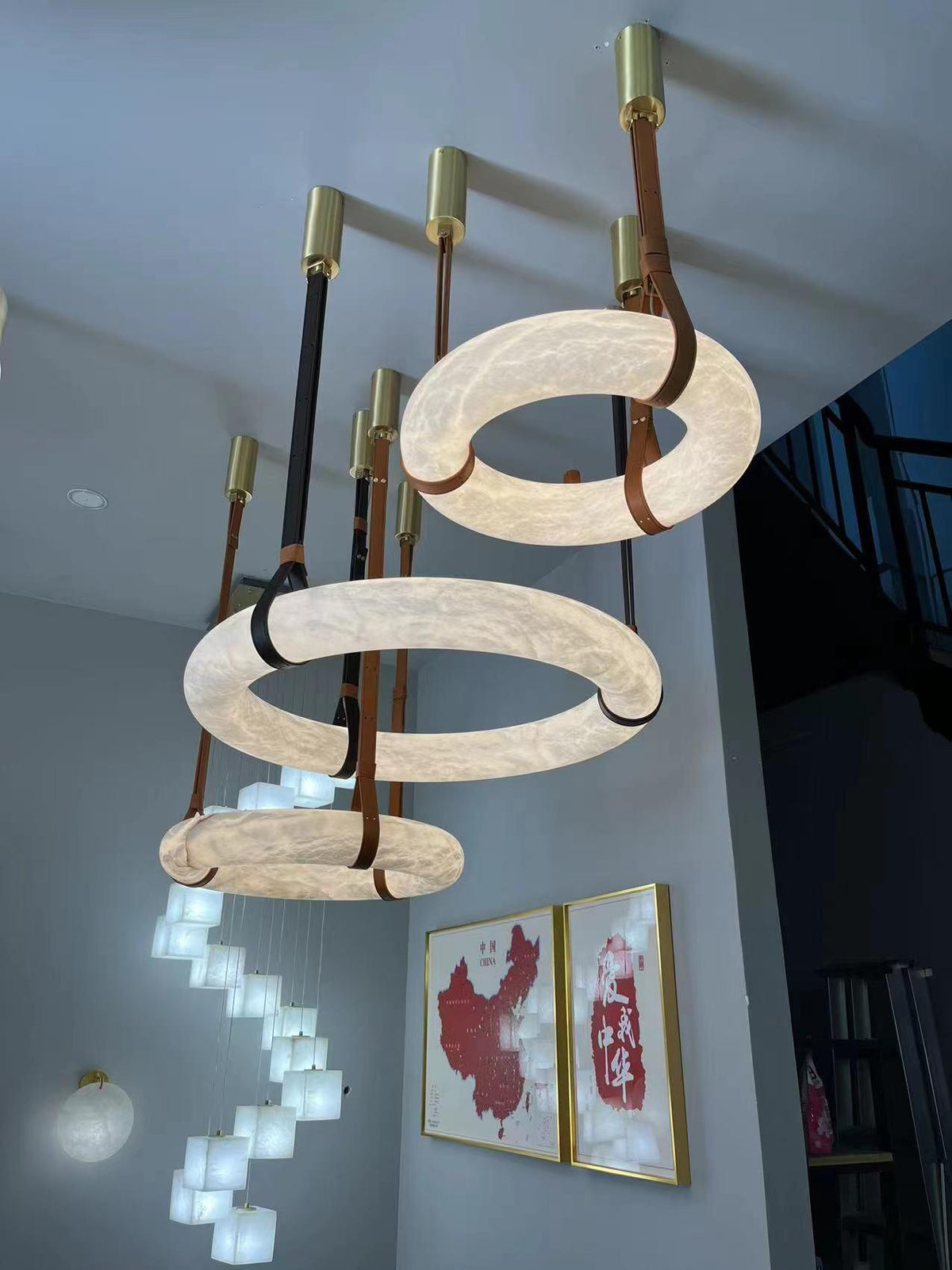 LED Ring Ceiling Fixture in Alabaster Stone – Adjustable Halo Chandelier for Open Dining Areas, Great Rooms & Hospitality – 47 in Circle Sus
