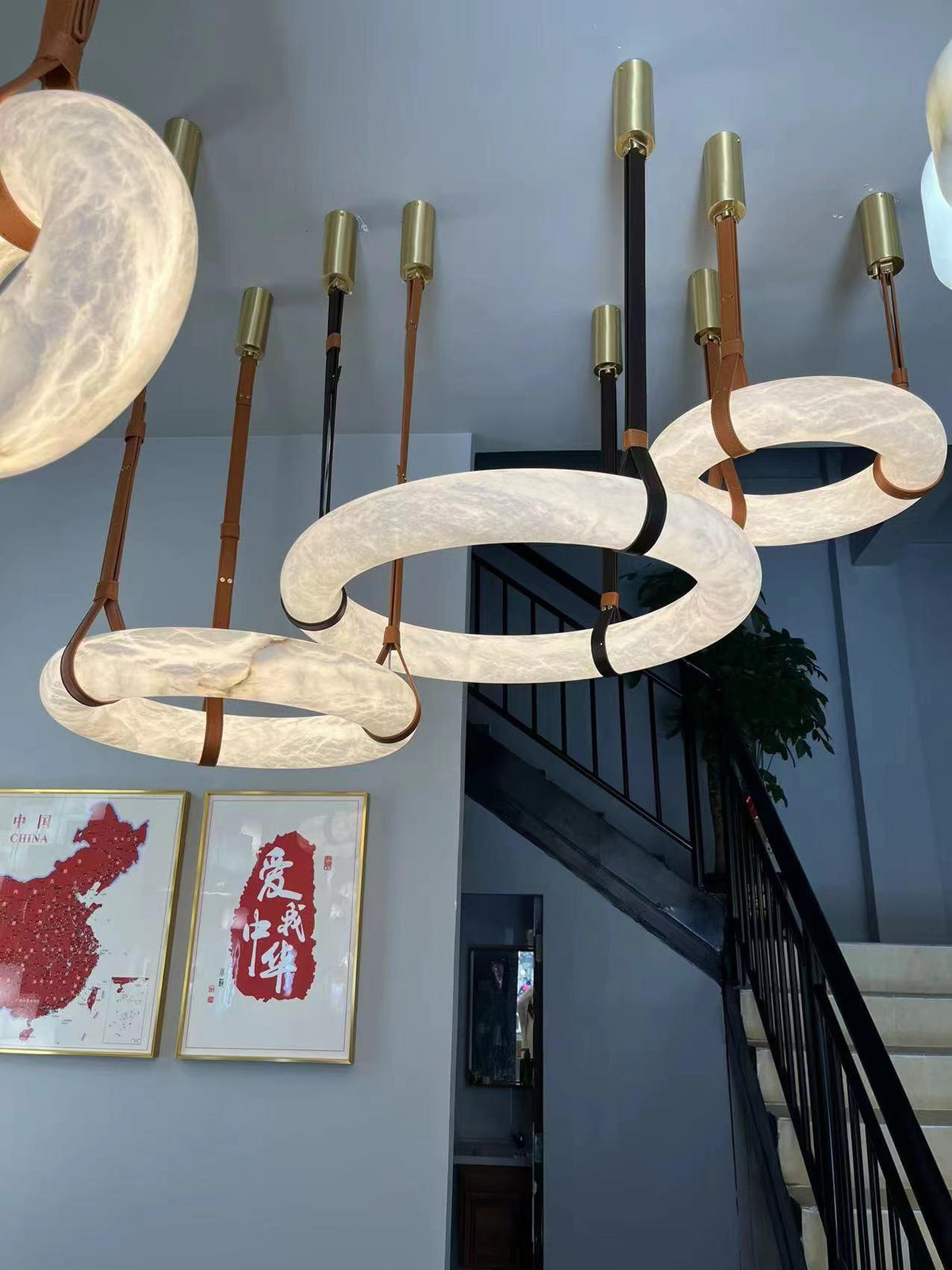 LED Ring Ceiling Fixture in Alabaster Stone – Adjustable Halo Chandelier for Open Dining Areas, Great Rooms & Hospitality – 47 in Circle Sus