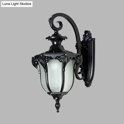 Outdoor Wall Sconce with Curved Arm and Frosted Glass Shade - Porch Lantern for Front Door, Patio, Entryway, or Garage - Vintage Rustic