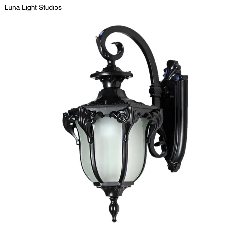 Outdoor Wall Sconce with Curved Arm and Frosted Glass Shade - Porch Lantern for Front Door, Patio, Entryway, or Garage - Vintage Rustic