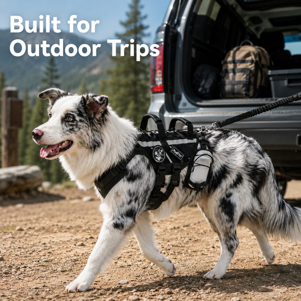 Ortekor Outdoor Dog Harness & Bungee Leash Set with Dual Handles, Storage Pouch & Patch Accessories for Hiking, Walking and Everyday Adventures