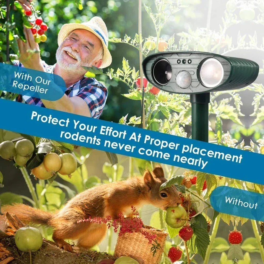 Motion-Activated Animal Deterrent with Solar Panel for Yard Protection | Ultrasonic Pest Control Device for Deer Dogs Raccoons
