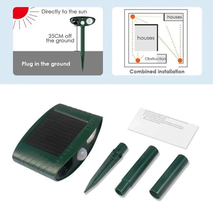 Motion-Activated Animal Deterrent with Solar Panel for Yard Protection | Ultrasonic Pest Control Device for Deer Dogs Raccoons
