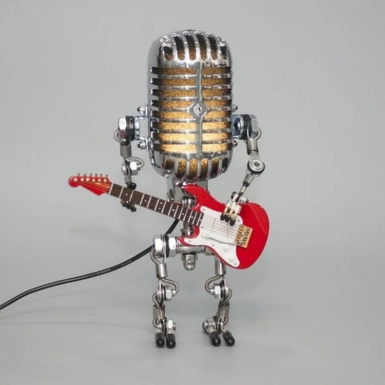 Articulated Metal Robot Desk Lamp with Miniature Guitar Accent for Music Rooms and Home Studios