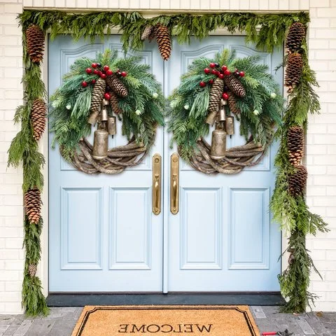 Rustic Winter Door Wreath with Gold Bells, Pine Cones & Berries – Farmhouse Seasonal Decoration for Front Entry or Mantel Display