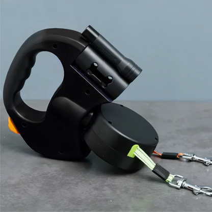Retractable Double Dog Leash with 360° Swivel, LED Safety Light & Waste Bag Dispenser for Two Dogs Up to 66 lbs Each