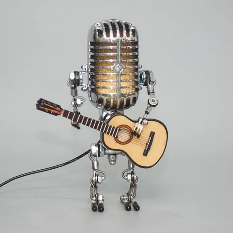 Articulated Metal Robot Desk Lamp with Miniature Guitar Accent for Music Rooms and Home Studios