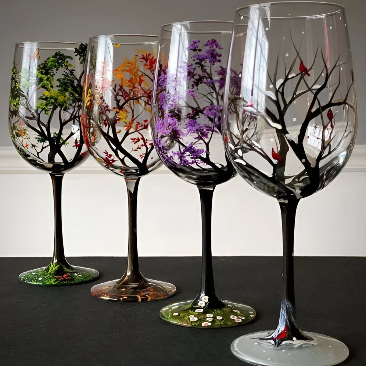 Hand-Painted Seasonal Tree Wine Glass Set – Artistic Stemmed or Stemless Design for Home Entertaining & Collectors