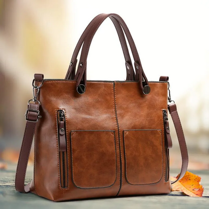 Stylish Leather Tote Bag Featuring Functional Front Pockets