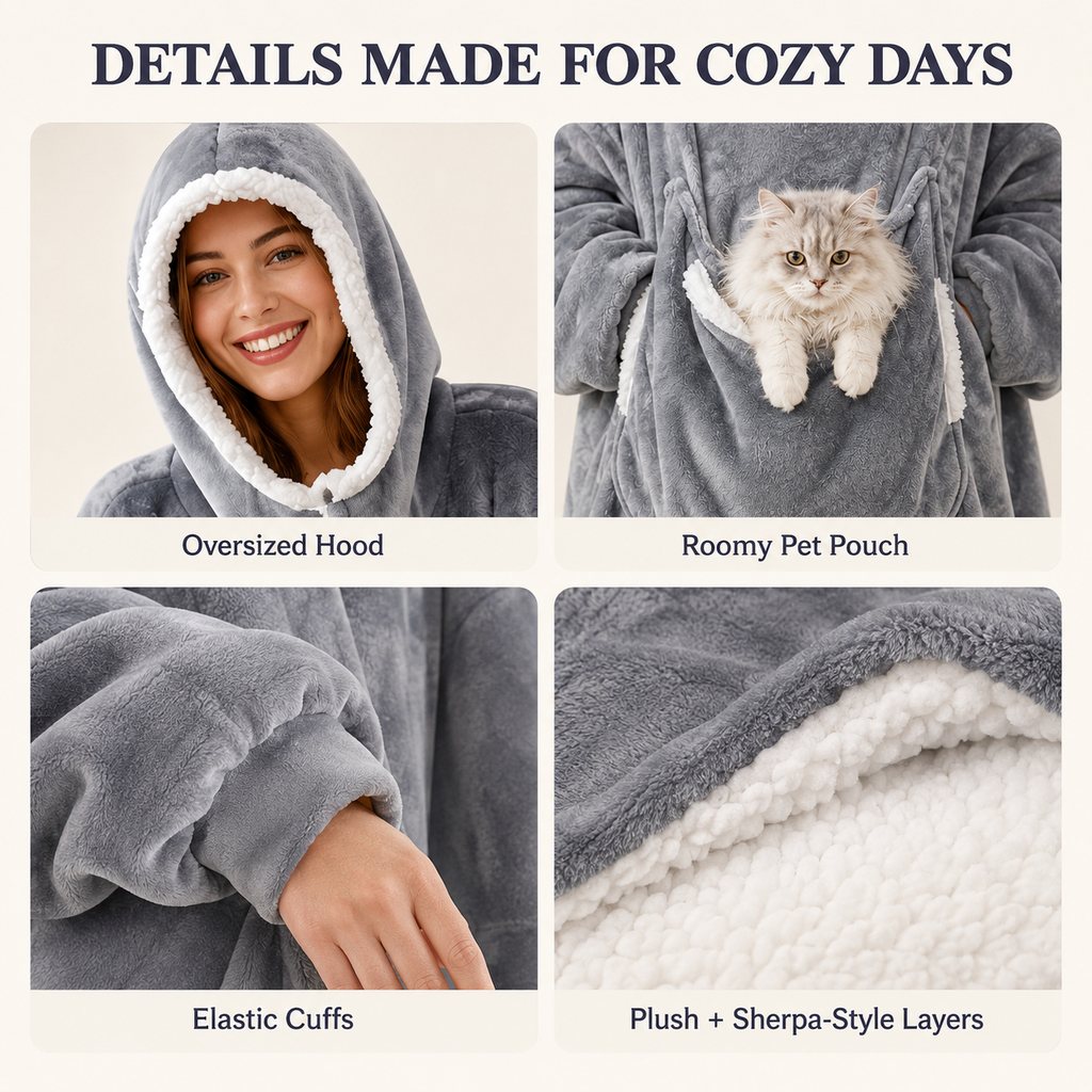Ortekor Oversized Sherpa Wearable Blanket Hoodie with Pet Pouch for Cats & Small Pets – Extra-Long Cozy Lounger for Couch, TV & Cold Nights