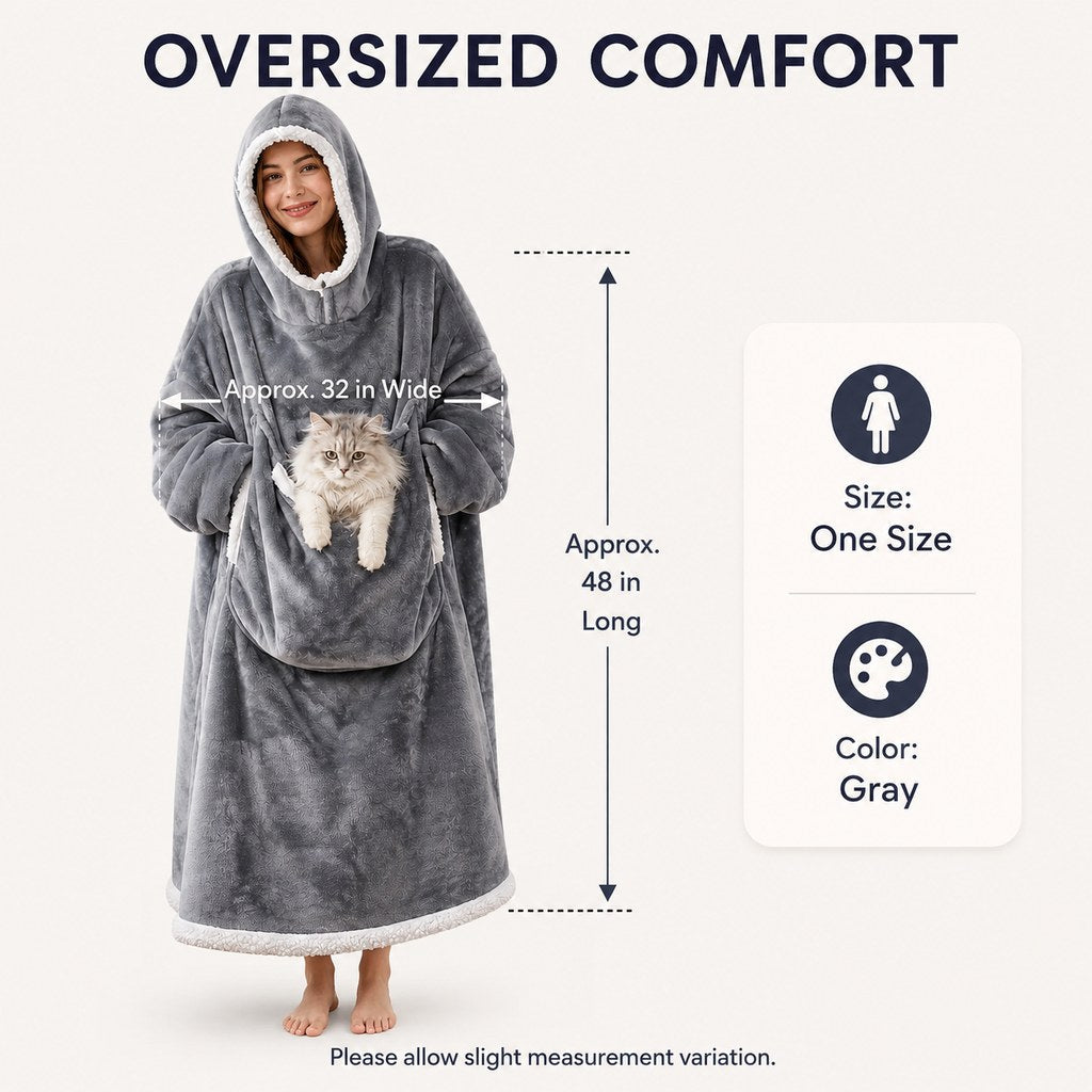 Ortekor Oversized Sherpa Wearable Blanket Hoodie with Pet Pouch for Cats & Small Pets – Extra-Long Cozy Lounger for Couch, TV & Cold Nights