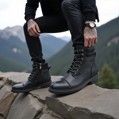 Men's Waterproof Leather Combat Boots with Reinforced Stitching & Anti-Slip Sole for Work, Hiking & Everyday Wear