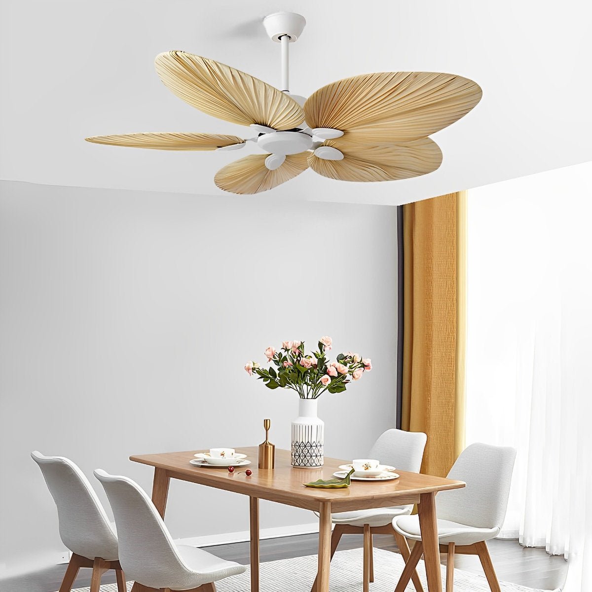 52-Inch Remote Control Tropical Leaf Ceiling Fan with Whisper-Quiet DC Motor for Bedrooms, Living Rooms | Natural Brown Palm Style Cooling F