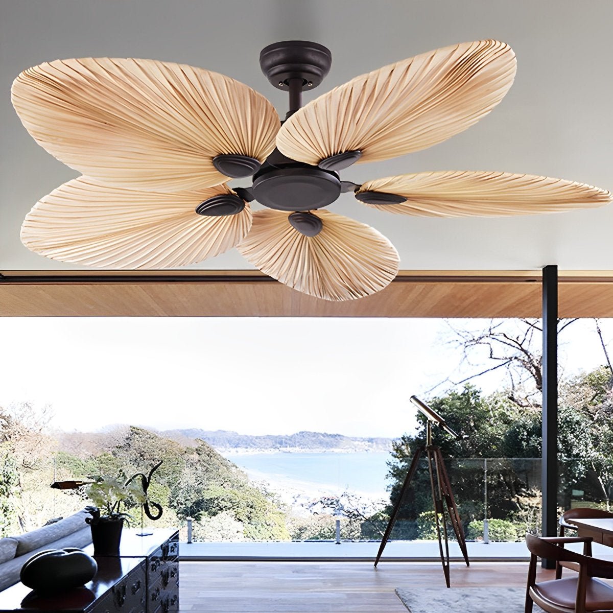 52-Inch Remote Control Tropical Leaf Ceiling Fan with Whisper-Quiet DC Motor for Bedrooms, Living Rooms | Natural Brown Palm Style Cooling F