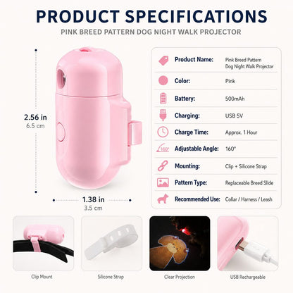 Ortekor PawGlow Pink Breed Projector Dog Light for Night Walks - USB Rechargeable Clip-On Pet Light for Extra Visibility & Fun