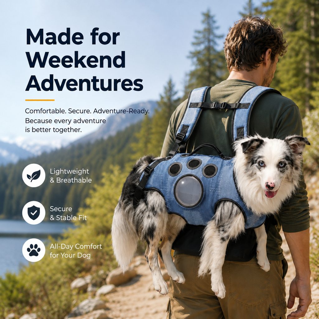Ortekor PawLift Denim Hands-Free Dog Carrier Backpack Harness for Walks, Shopping & Outdoor Trips - Carry Tired Dogs Without Arm Strain