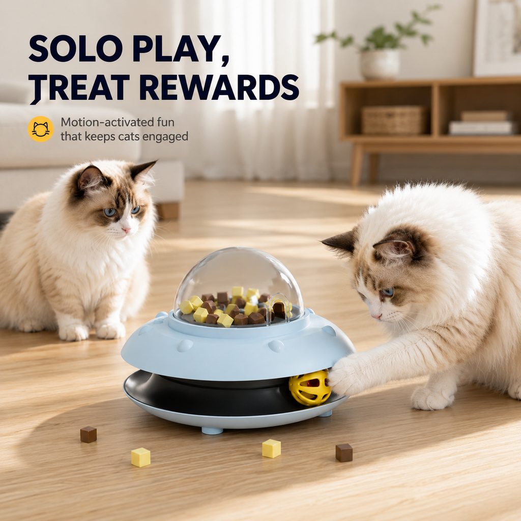 Ortekor PawOrbit UFO Motion-Activated Cat Treat Dispenser Toy - Interactive Puzzle Feeder for Indoor Cats, Keeps Cats Busy While You Work