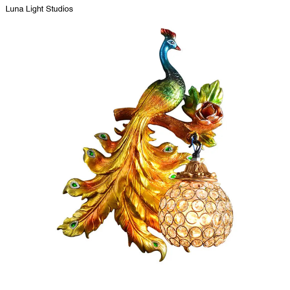 Decorative Bird Wall Sconce with Crystal Orb Shade – Resin Accent Lighting for Living Room, Bedroom & Hallway – Left or Right Facing Design